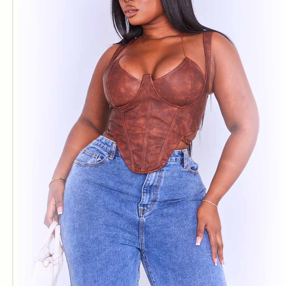 PrettyLittleThing Brown Faux Leather Cross Halterneck Dip Hem Corset